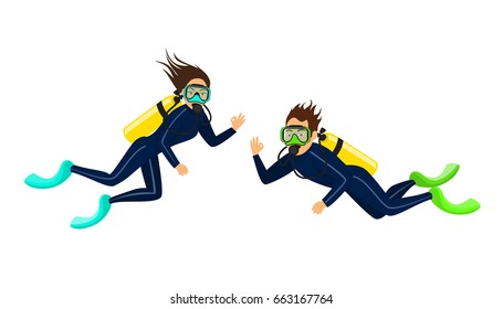 man and woman scuba diving isolated 