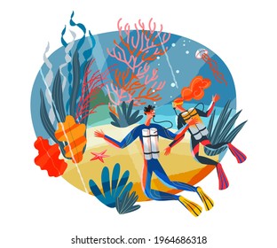 Man and woman scuba diving underwater. Divers in ocean looking at coral reef, plants, star vector illustration. Marine life in water background. Guy and girl swimming in suits.