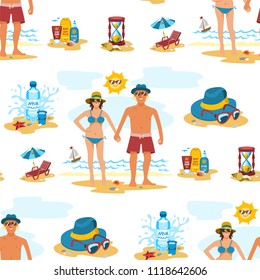 Man and woman seamless pattern background couple vacation summer time on the beach sand tropical nature vector illustration.
