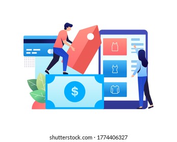 A man and woman is search for a sale on marketplace apps. They listing all sale product. Will pay with cash also credit card. Be patience to find best deals. Vector illustration with minimalism style