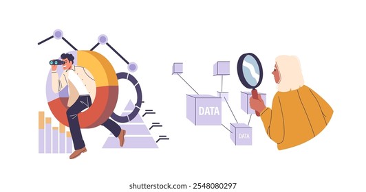 Man and woman searching digital data on virtual network using binocular and magnifying glass