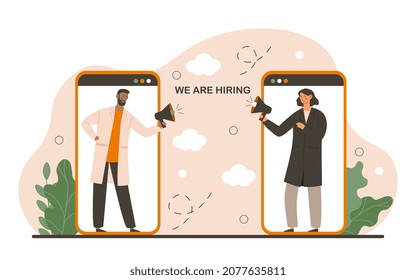Man and woman are searching for emplyees via smartphones. We are hiring. Concept of job vacancy or headhunting banner, poster, flyer. Flat cartoon vector illustration