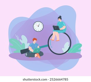 Man and woman searching for information on Internet via laptops. Worker with laptop sitting on magnifying glass flat vector illustration. Search, information, internet, technology concept for banner