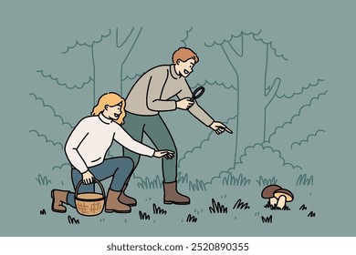 Man and woman are searching for mushrooms in forest using wicker basket and magnifying glass. Guy and girl collect mushrooms in national natural park, after harvest season or rainy weather