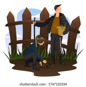 Man and woman seed a plant. Gardening. Summer holidays. Man digging with showel and woman planting seeds vector illustration.Cartoon flat. Kitchen-garden. Kaleyard working. Harvest, crop, yield.