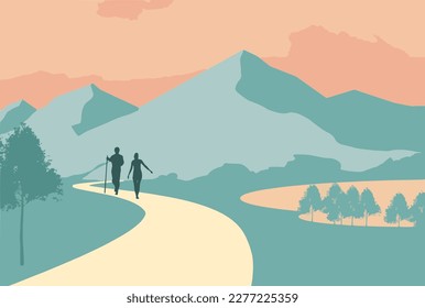 A man and woman are seen hiking down a trail in the foothills of the mountains in this 3-d illustration.