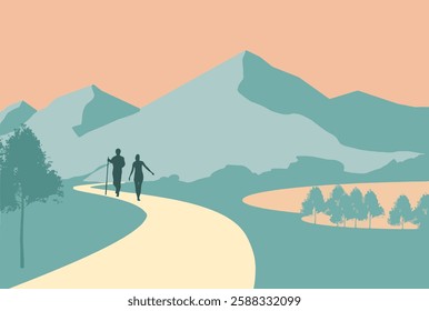 A man and woman are seen hiking down a trail in the foothills of the mountains in this 3-d illustration.