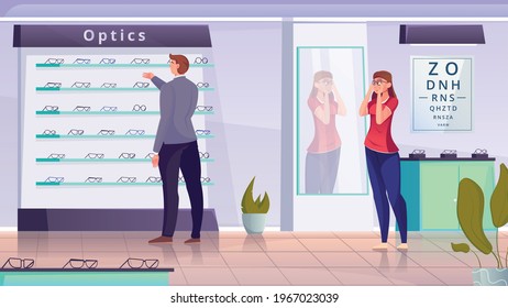 A man and a woman selecting a frame for optics flat vector illustration