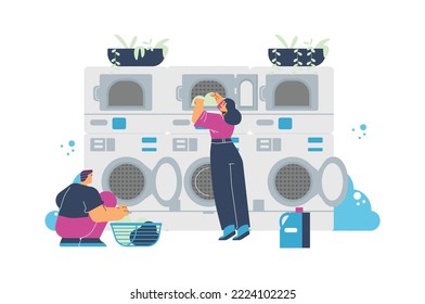 Hombre y mujer en lavandería de autoservicio, ilustración vectorial plana aislada en fondo blanco. Personajes lavando y secando ropa en lavandería o lavandería automática.