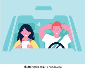 Man and woman in self-driving car . Vector illustration.