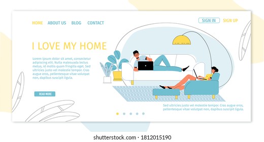 Man woman self-employed freelancer family working on laptop computer sitting on comfortable couch. Happy couple engaged in remote work. Cozy home office, convenient workplace. Landing page design