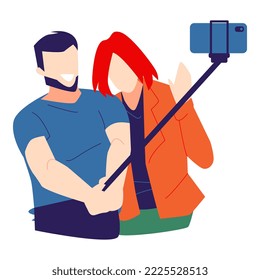 man and woman selfie, using phone camera and selfie stick. isolated on a white background. suitable for themes of photography, hobbies, technology, couples, love, etc. flat vector illustration