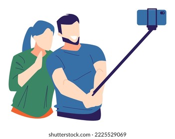 man and woman selfie, using smartphone and selfie stick. isolated on a white background. suitable for themes of photography, hobbies, technology, couples, love, etc. flat vector illustration
