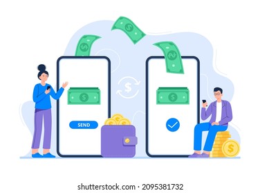 A Man And Woman Send And Receive Money Via A Smartphone App. Application For Online Transactions. Concept Of Money Transfer, And Banking. Vector Flat Illustration For Banners, Webpage.