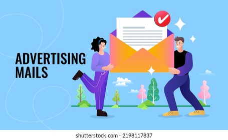 Man and woman sending email on PC. Idea Easy Messaging Online. direct digital marketing. Newsletter. Advertising media. invite people. notifications. Vector illustration in a flat style.