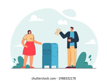 Man and woman sending letters vector illustration. Male and female character standing near mailbox. Man throwing envelope in it. Post concept for banner, website design or landing web page