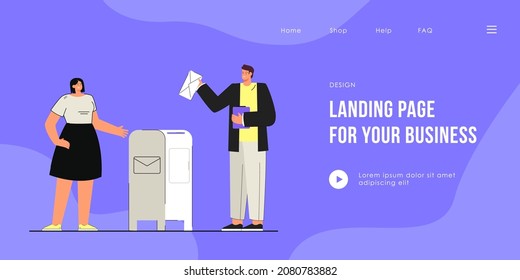 Man and woman sending letters vector illustration. Male and female character standing near mailbox. Man throwing envelope in it. Post concept for banner, website design or landing web page
