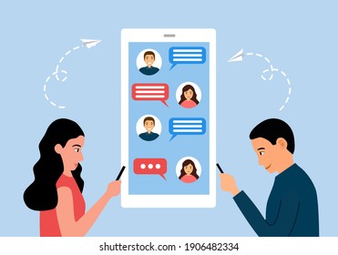 Man and woman sending message in mobile app. Long distance relationship between friends, loving couple or marriage husband and wife. Online chat on smartphone via internet	
