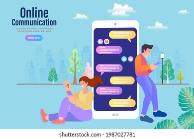 Man and woman sending message in mobile app. loving couple or marriage husband and wife. Online chat on smartphone via internet. video call in mobile phone dating app. discussing meeting date. vector