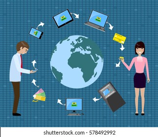 Man and woman sending money using phone, laptop, card and other devices. World remittance infographic. Vector illustration flat style.