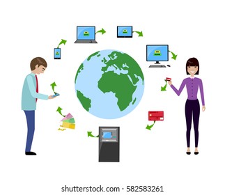 Man and woman sending money using phone, laptop, card and other devices. World remittance infographic. Vector illustration flat style.