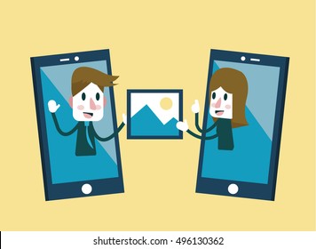 Man And Woman Sending And Share Picture On Smartphone. Flat Character Design. Vector Illustration