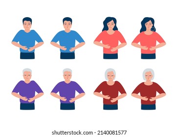 Man, Woman And Senior Is Doing Breathing Exercise, Deep Breath, Exhale And Inhale. Health Yoga And Relaxation. Young And Elderly People Right Breathing. Vector Illustration