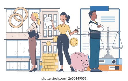 Man and woman separated by middle person cutting rope, with legal scale, piggy bank, money coins, and rings, on white background. Vector illustration