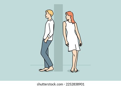 Man and woman separated by wall. Young couple stand on different sides of wall. Separation and breakup. Vector illustration. 