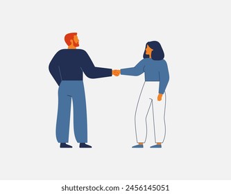 Man and woman shake hands. Business people greeting each other. Welcome gesture between colleagues. Gender Equality and partnership teamwork concept. Vector illustration