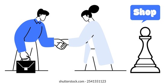 A man and a woman shake hands, suggesting a business agreement. A speech bubble with the word Shop and a chess pawn are present. Ideal for e-commerce, business deals, partnerships, teamwork