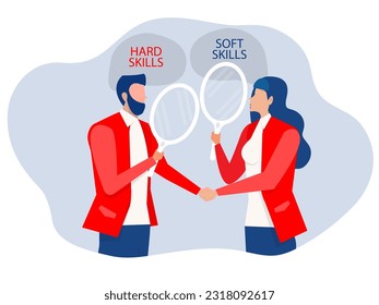 Man and Woman shaking hands achievement in deal ,Communication, Hard VS Soft Skills Concept Idea Development ,Multiple Intelligences Vector Illustration
