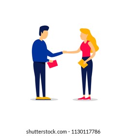 Man and woman shaking hands, business, contract.  Flat style vector illustration.