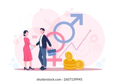 Man and woman shaking hands with gender symbols, coins, and upward graph on abstract background, symbolizing equal pay and workplace equality. Vector illustration