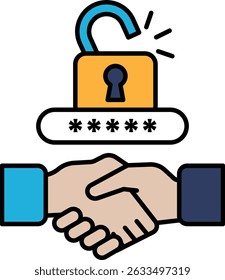 A man and a woman shaking hands with a lock on the table. The lock is yellow and has a keyhole