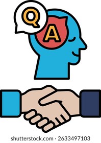 A man and a woman shaking hands with a question mark above them. Concept of a friendly interaction or agreement between the two people