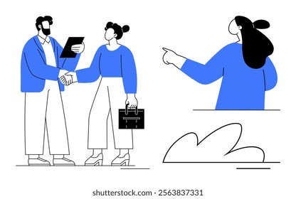 A man and a woman shaking hands while holding documents and a briefcase, with another woman pointing. Ideal for business, collaboration, teamwork, professional relationships, and communication