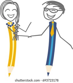 A man and a woman in the shape of a pen, sign a contract by giving a handshake