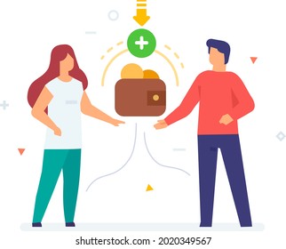 man and woman share a budget, the family saves money, illustration. Smartphones tablets user interface social media.Flat illustration Icons infographics. Landing page site print poster.