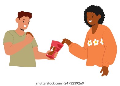 Hombre Y Mujer Compartir Saludable Bocadillos Orgánicos Juntos, Destacando Momento De Amistad Y Alimentación Saludable. La Ilustración vectorial Muestra Una Interacción Casual Y Alegre Mientras Los Personajes Disfrutan De Sus Aperitivos