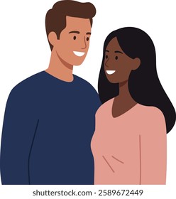 A man and a woman share a joyful moment, gazing at each other with smiles, embodying a sense of connection and happiness in a simple, flat design.