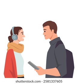 Man and woman share a moment of conversation, woman wearing headphones and man holding tablet. Flat vector illustration isolated on white background