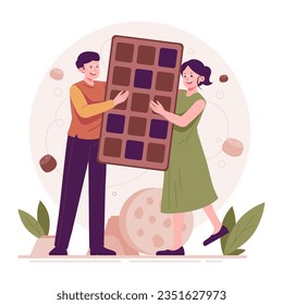 Hombre y mujer compartiendo ilustración plana de chocolate