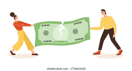 Hombre y mujer compartiendo su dinero, aclarando sus relaciones, concepto de separación de propiedad. Malentendido en familia, concepto de divorcio. Crisis en una relación, ruptura. Ilustración vectorial plana.