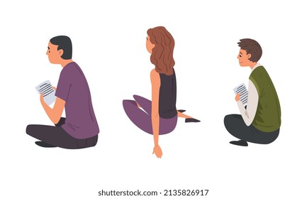 Man and Woman with Sheet of Paper Sitting on the Floor Chatting Online via the Internet or Talking Face to Face Vector Set