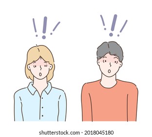 Man and woman are shocked and surprised. Hand drawn in thin line style, vector illustrations.