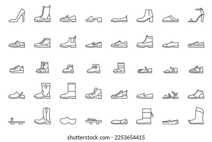 Iconos de la línea de zapatos de hombre y mujer. zapata de tacón, combate, vaquero, botas de invierno y de goma, sandalias de hombre y mujer, zapatillas de deporte, calzado de musculación, sandalias, chanclas y zapatillas de zapato iconos vectores