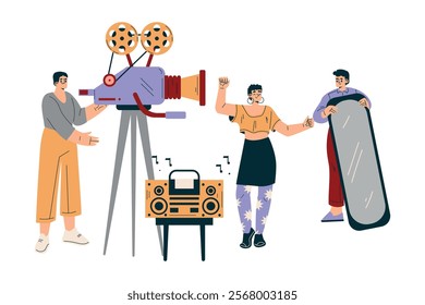 Man and Woman at Shooting Film Movie Production Scene Vector Illustration