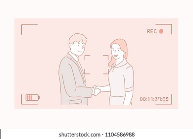 A man and a woman are shooting a handshake. hand drawn style vector doodle design illustrations.