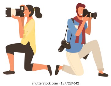 Man and woman shooting, people focusing on object. Photographers characters in casual clothes with cameras, male and female photographing, hobby vector